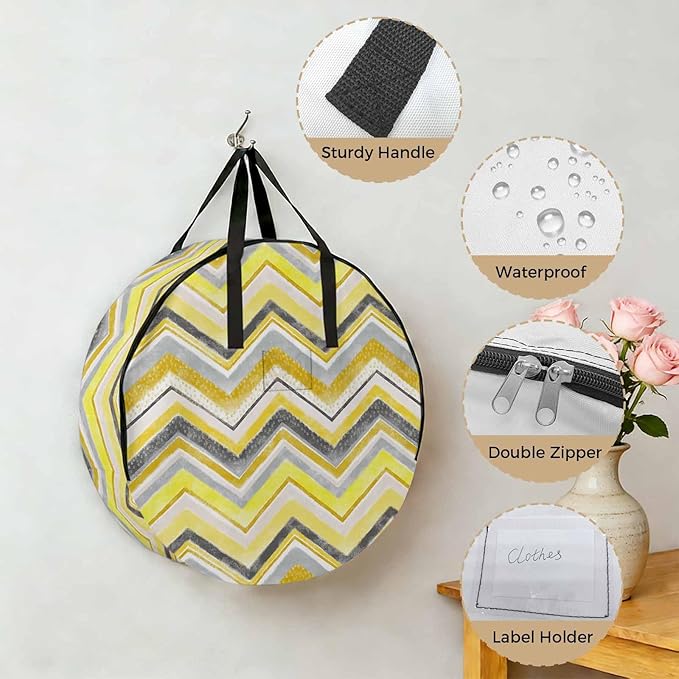 Storage Bag Yellow Grey Chevron Round Storage Totes Bins Closet Organizers with Zippers & Handle Geometric Design Stripe Clothes Storage Container for Bedroom Dorm Space Saving Packing Supplies Bags