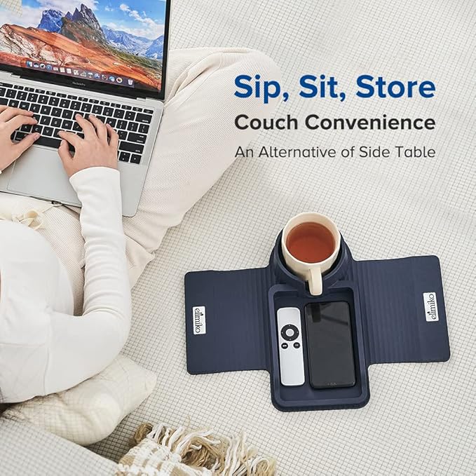 Couch Cup Holder Tray, Elimiko Silicone Sofa Drink Holder with Large Cup Holder and Tray, for Oversized Mugs/Long Remote/Snacks/Cellphone (Navy Blue)