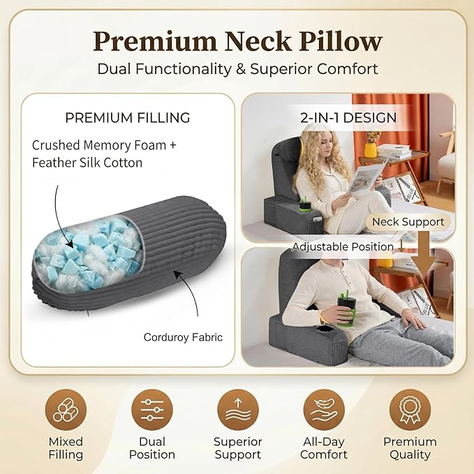 AS AWESLING Reading Pillow for Adults, Back Pillow for Bed Sitting Up, Backrest Pillow for Sitting in Bed, Detachable Arms with Built-in Cup & Phone Caddy (Dark Gray-Corduroy, 21 INCH)