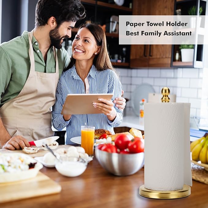 Exilon Gold Paper Towel Holder Countertop with Weighted Stainless Steel Base, One-Handed Design No Tipping Over, Standing Paper Towel Holder Standing in Brushed Gold Finish