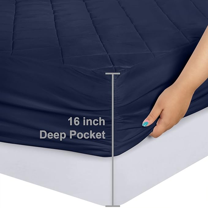 Utopia Bedding Quilted Fitted Mattress Pad, Twin Size, Elastic Fitted Mattress Topper Protector and Cover with Deep Pocket Stretches up to 16 Inches, Machine Washable (Navy)
