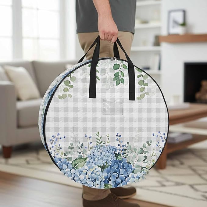 Storage Bag Blue Hydrangea Round Storage Totes Bins Closet Organizers with Zippers & Handle Green Eucalyptus Leaves Grey Plaid Clothes Storage Container for Bedroom Dorm Space Saving Packing Supplies