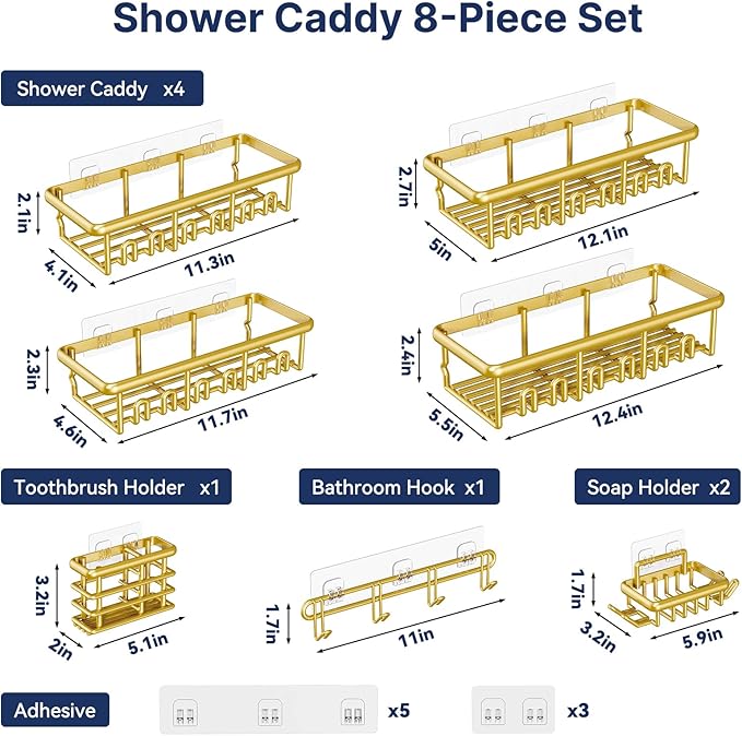 8 Pack Adhesive Rustproof Shower Shelves with Soap Dishes, Toothbrush Holder & Hooks, Large Capacity No-Drilling Shower Shelves Rack for Bathroom Organizers and Storage Accessories, Gold