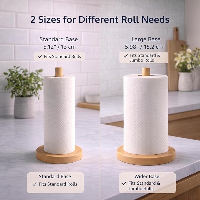 Wooden Paper Towel Holder for Countertop, Solid Beech Wood Stand with Non-Slip Base, Fits Standard Kitchen Rolls, Easy Assembly, Farmhouse Paper Towel Dispenser
