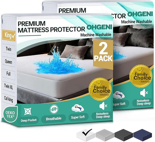 OhGeni 2 Pack Waterproof Mattress Protector, King Size Fitted Sheet with Deep Pocket, 6''-18'' Washable Hypoallergenic Mattresses Cover, Noiseless Soft Mattress Pad, Bedroom Essential,Pee & Dirt-Proof