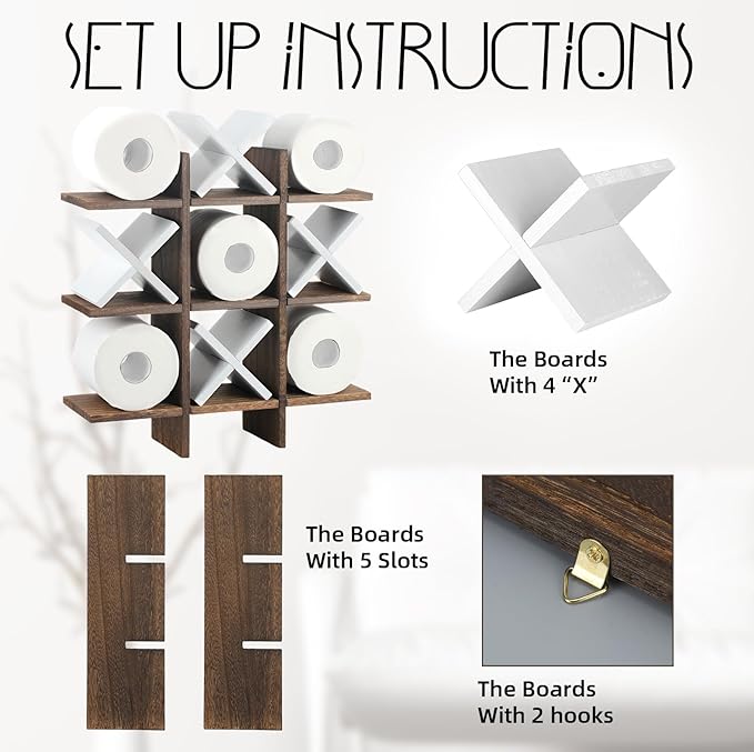 Weysat Tic Tac Toe Toilet Paper Holder Stand Bathroom Wall Decor Rustic Wooden Hanging Storage Freestanding Wall Mounted Shelves Decor for Toilet Tissue Farmhouse