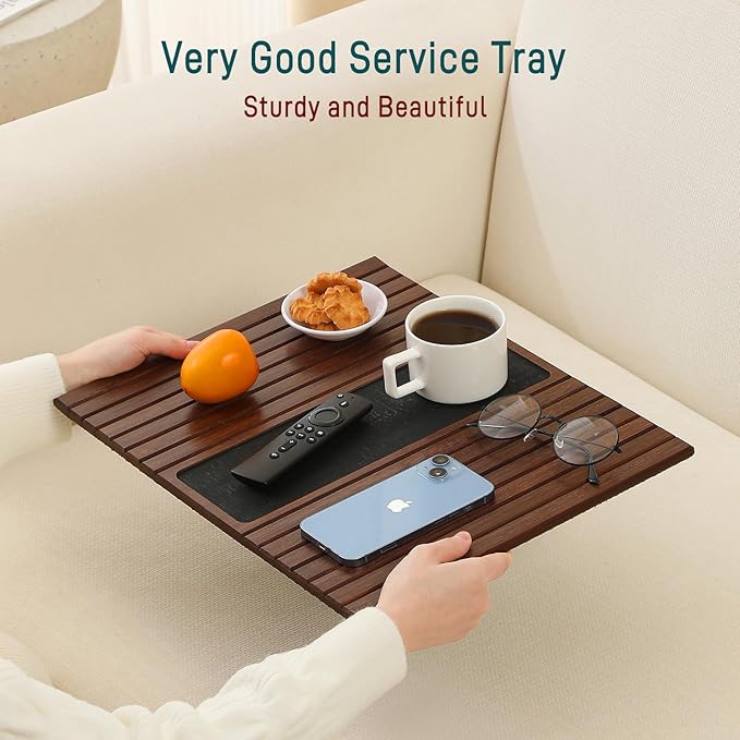 Bamboo Couch Arm Tray Table with Anti-Slip Cork Pad，Foldable Sofa Armrest Tray Table for Couch，Flexible Couch Arm Cup Holder，Portable Sofa Arm Chair Table for Drink, Snacks, Phone, Remote (Brown)