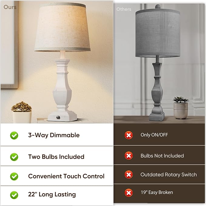 ROTTOGOON Dimmable Table Lamps Set of 2, Rustic Farmhouse Table Lamps for Living Room Bedroom, Bedside Desk Lamps for end Tables, Touch Lamps for nightstand, 9W Bulbs Included, 22", White
