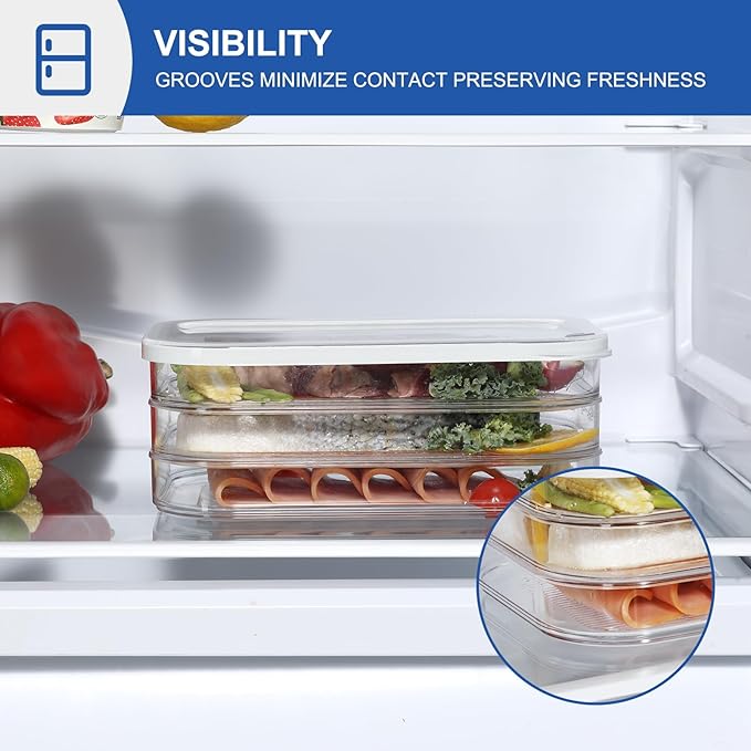 Stackable Deli Meat Storage, 3-Tier Lunch Meat Container for Fridge – Dishwasher Safe, Clear Cold Cuts & Cheese Organizer with Lid, Meal Prep Meat Storage Containers for Refrigerator