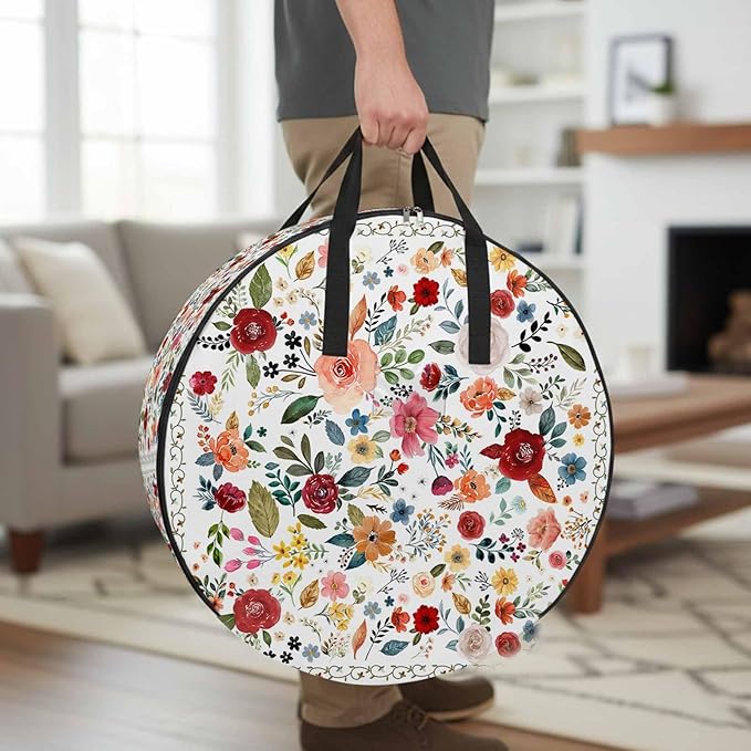 Storage Bag Cream Floral Round Storage Totes Bins Closet Organizers with Zippers & Handle Farmhouse Vintage Flower Clothes Storage Container for Bedroom Dorm Space Saving Packing Supplies Moving Bags