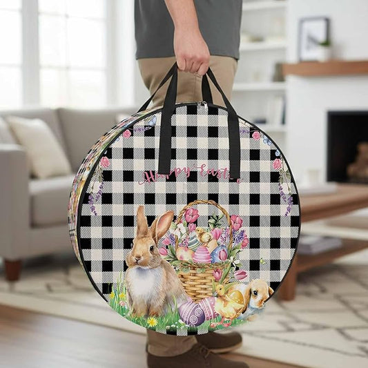 24 Inch Round Storage Bag 1 Pack,Spring Easter Bunny Eggs Flowers Waterproof Wreath Storage Container with Handles&Zipper Black and White Linen Lattice Closet Organizer Bags Garland Box