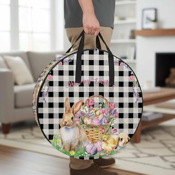 24 Inch Round Storage Bag 2 Pack,Spring Easter Bunny Eggs Flowers Waterproof Wreath Storage Container with Handles&Zipper Black and White Linen Lattice Closet Organizer Bags Garland Box