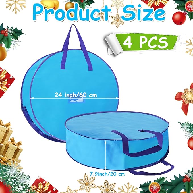 YAYODS 4 Pack Wreath Storage Container 24 Inch Christmas Wreath Storage Bag, 420D Oxford Wreath Holder with Zipper and Handles for Xmas Holiday, Decorations (Blue)