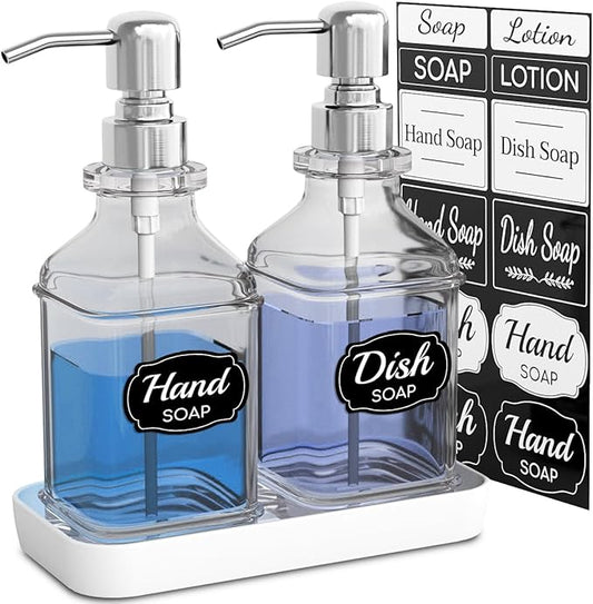 LMQML Soap Dispenser - 2 Pack, Antique Design Thick Glass Hand Soap Dispensers with Sturdy Tray; 304 Rust Proof Stainless Steel Silver Pump, 12Pcs Stickers, for Kitchen, Bathroom