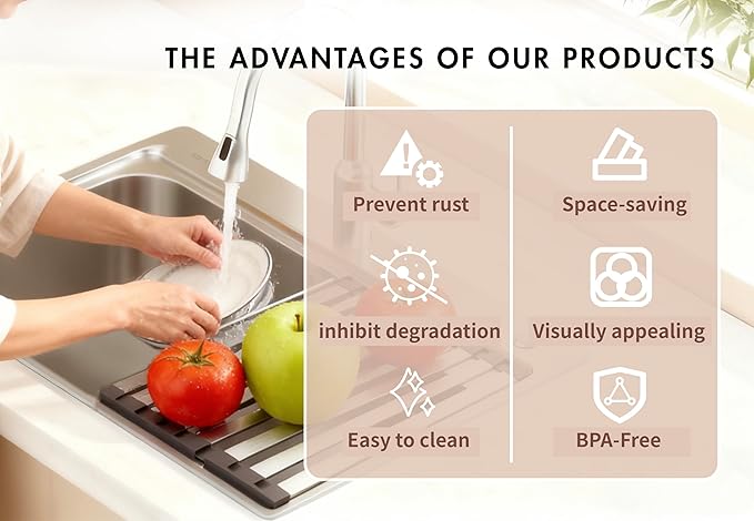 Over The Sink Kitchen Dish Drying Rack Organizer - Stainless Steel Collapsible Non-Slip Space-Saving [23.26 * 12.8IN] - Rust-Resistant Heat-Resistant Sturdy - Easy to Clean