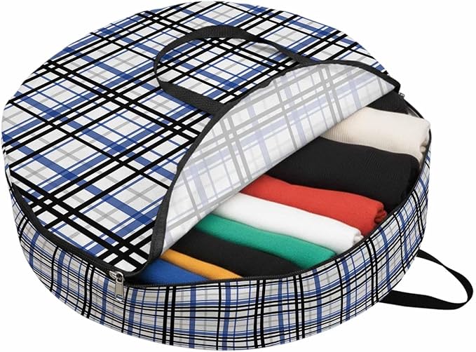 Storage Bag Blue Black Buffalo Plaid Round Storage Totes Bins Closet Organizers with Zippers & Handle Check Stripe Clothes Storage Container for Bedroom Dorm Space Saving Packing Supplies Moving Bags