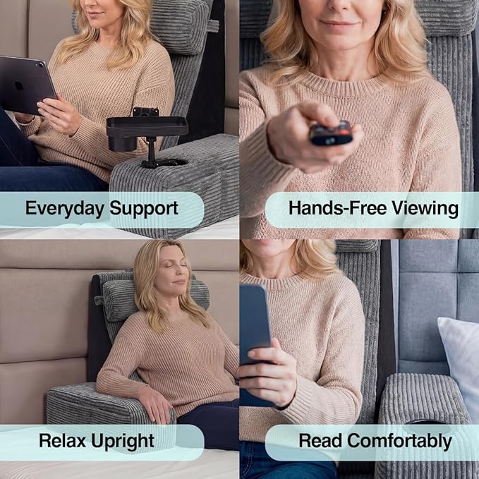 TabCouchCaddy Reading Pillow for Adults – 24” XL Memory Foam Backrest with Detachable Arms, Cup Holder, Phone Caddy & Adjustable Tray Mount | Back Pillow for Bed Sitting Up, Reading, TV & Recovery