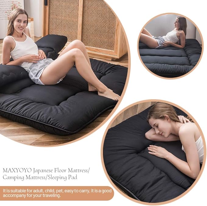 MAXYOYO Japanese Floor Mattress Futon Mattress, 4" Thicken Tatami Mat Sleeping Pad Foldable Roll Up Mat Boys Girls Dormitory Pad Kids Floor Lounger, Black, Full