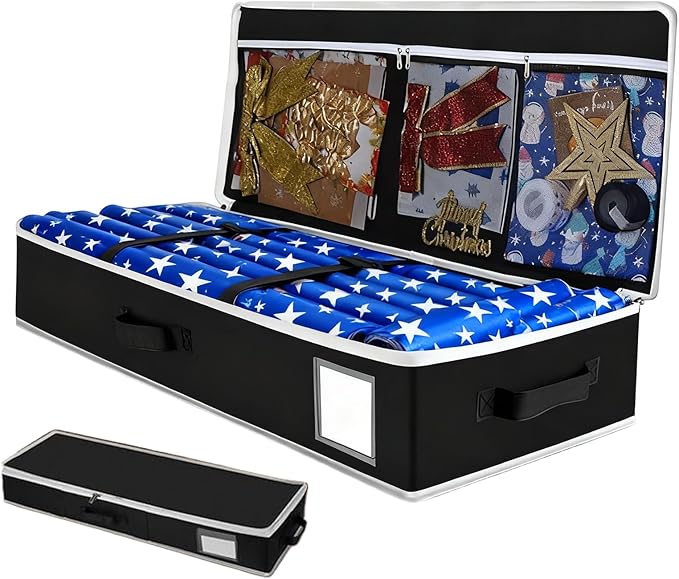 Wrapping Paper Organizer Storage, Large Christmas Container with Pockets, 90x30x12cm, Gift Wrap Shelving Box, Wrapping Paper Holder, Ribbon Bow Stationery Storage, for Indoor Garage Bedroom