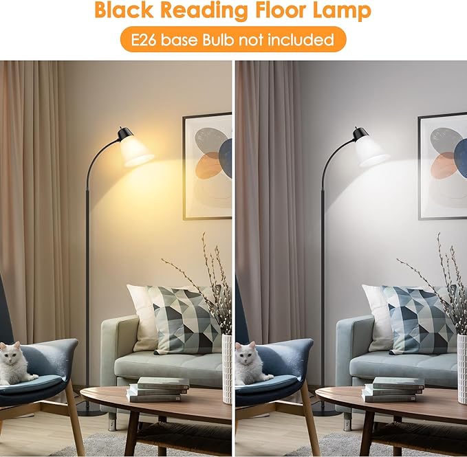 Coucrek Floor Lamp for Living Room, Adjustable Head Standing Lamp with White Plastic Shade, Black Reading Floor Lamps for Dorm, Bulb not Included