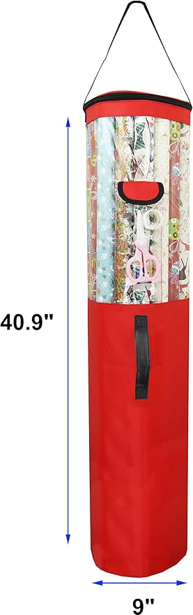 Freegrace Gift Warp Organizer | Large 9" x 40.9" Wrapping Paper Rolls Storage Bag | Tearproof & Space Saving Under Bed Gift Bag Organization (Red)