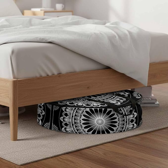 Storage Bag Black Boho Floral Pattern Round Storage Totes Bins Closet Organizers with Zippers & Handle Ethnic Bohemian Lines Clothes Storage Container for Bedroom Dorm Space Saving Packing Supplies