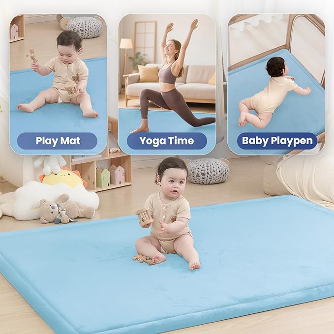 Ultra Soft Baby Play Mat for Floor,1.3" Thick Elasti-Foam 50x50 Playpen Mat for Toddlers Infant kids,Non-Slip Backing Safe for Crawling&Tummy Time,Tatami Style(Light Blue)