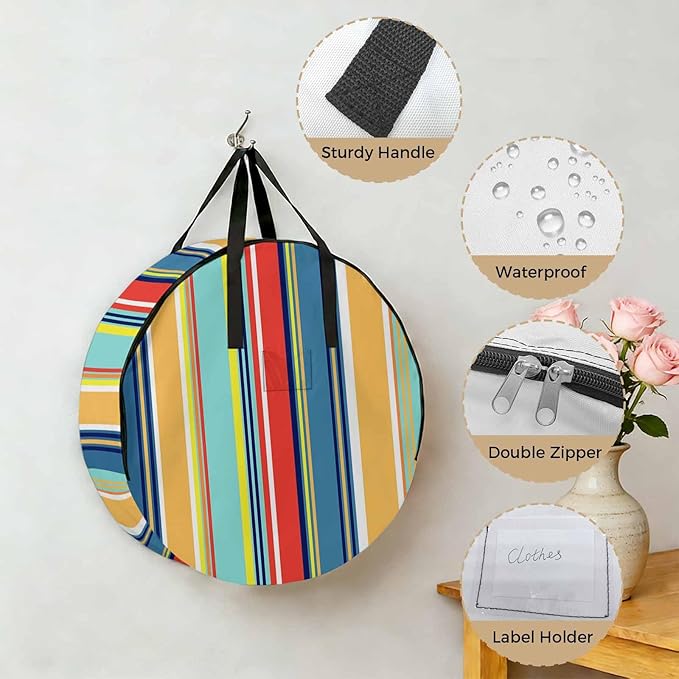 Storage Bag Colorful Stripes Round Storage Totes Bins Closet Organizers with Zippers & Handle Boho Style Lines Striped Clothes Storage Container for Bedroom Dorm Space Saving Packing Supplies Bags