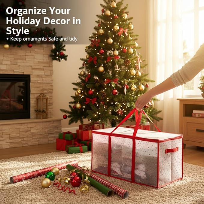 Christmas Ornament Storage Box with 128 Capacity - Waterproof Hard Plastic Organizer, Foldable Design & Dual Zipper for Holiday Balls - Portable Decoration Storage Container