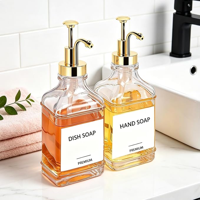 Dish Soap Dispenser for Kitchen, Hand Glass Soap Dispenser Set with Pump, Funnel for Bathroom, Shower, Laundry, Liquid, Lotion (Gold 2 Pack 18 Oz Clear Bottles with 12 Stickers)