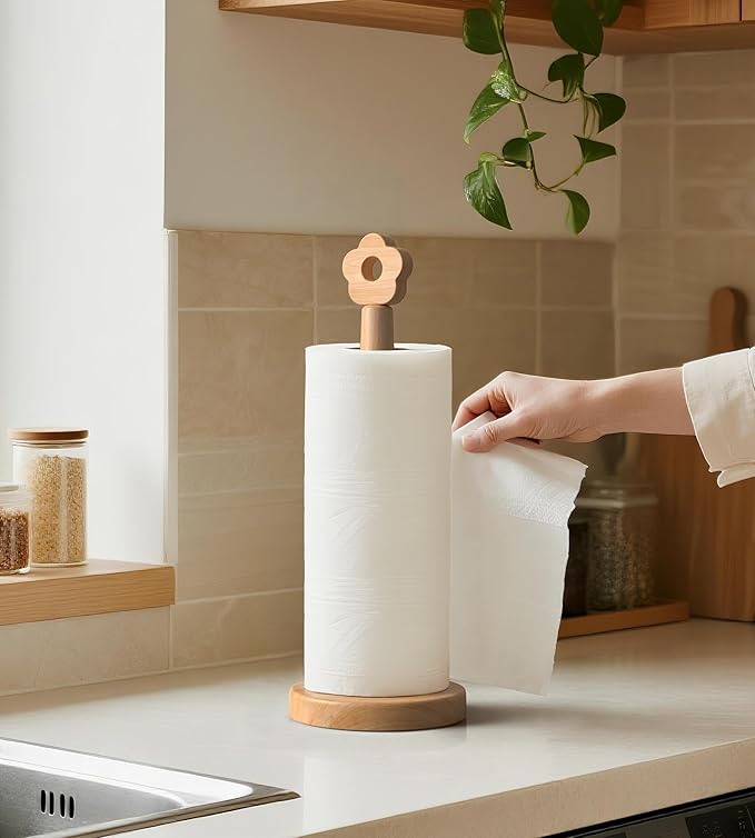 Cute Wooden Paper Towel Holder Stand - Kitchen Paper Hanger Rack Bathroom Towel Roll Stand Organizer Simply Standing Countertop Paper Roll Holder, Flower