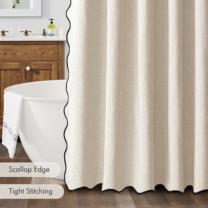 MIULEE 84" Long Scalloped Shower Curtain Linen Textured with 12 Metal Hooks Cute Extra Long Heavy Duty Washable Waterproof Cloth Shower Curtains with Black Border for Bathroom Bathtub,Cream Beige