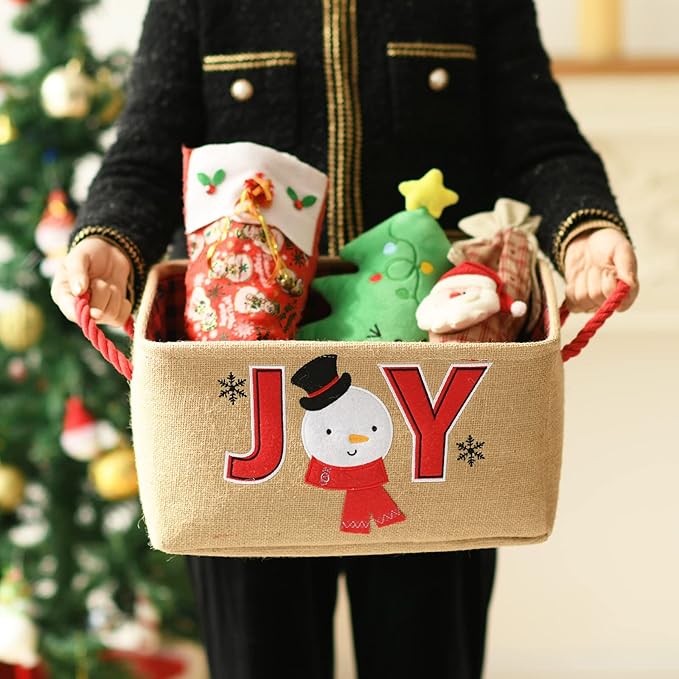 INough Christmas Basket Large Christmas Baskets for Gift Empty with Handles, Christmas Gift Baskets Collapsible Gift Basket Empty Christmas Decor for Kidsroom Nursery Play Room (Medium, Joy)