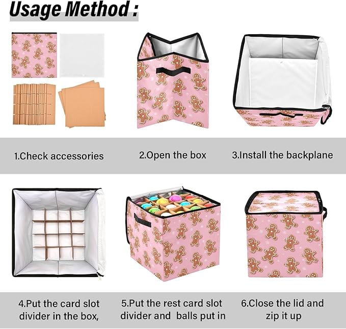 Pink Gingerbread Man Christmas Ornament Storage Basket Box Winter Xmas Holiday Storage Container Cube with Adjustable Dividers for 64 Holiday Ornaments or Decorations Keeps Clean and Dry