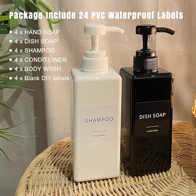 Soap Dispenser with Waterproof Labels, Thickened Plastic Hand Soap Dispenser for Bathroom, Kitchen Dish Washing Liquid Bottles, Shampoo and Conditioner Bottles with Funnel (16oz 4Pack Black Amber)