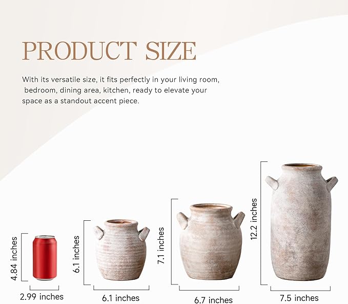 Vanselia Ceramic Flower Vase Home Decor - Farmhouse Table Vases with Handle Living Room Decoration Vintage Decorative Aesthetic for Shelf Coffee Dining Desk House Bookshelf Fireplace (6" Rustic)