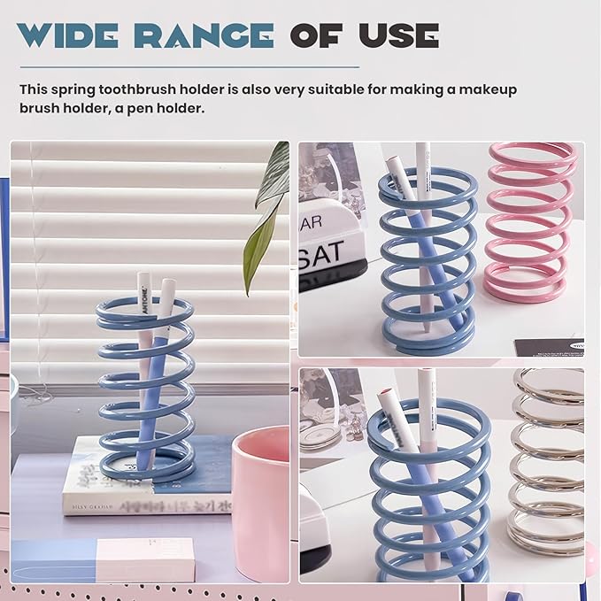 Spring Toothbrush Holder, Stainless Steel Spring Shaped Desktop Toothbrush Holder, Multifunctional Pen Holder Makeup Brush Toothbrush Storage for Bathroom Tabletop Dressing Table and Sink (Blue)