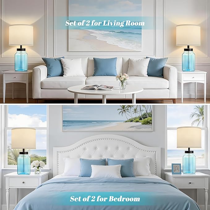 GyroVu Coastal Fillable Table Lamps, Bedside Lamps Set of 2 for Home Decor Nightstand Lamp with Clear Glass for Living Room Bedrooms Office Bulbs Included(Blue+White Shade)