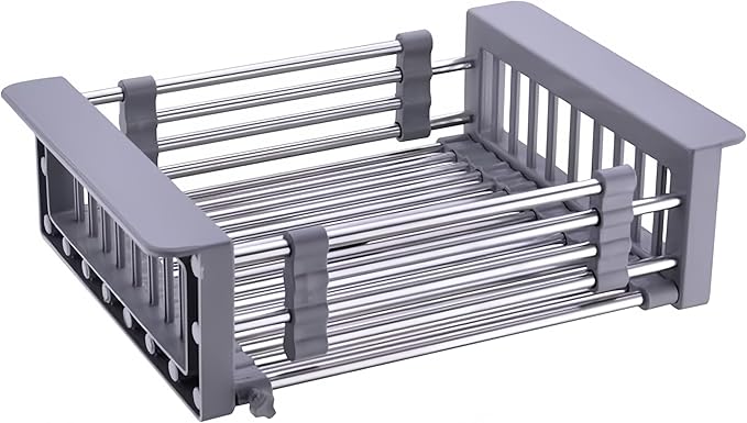 Small Over The Sink Dish Drying Rack - Stainless Steel Expandable Telescopic Drain Basket, Adjustable Kitchen Sink Organizer for Dishes Fruits Vegetables (Grey)