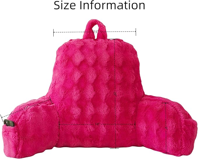 Yaoshuho Faux Fur Reading Pillow for Sitting in Bed, Large Backrest Bed Pillow with Arms, Back Support Pillow for Lounging Bedrest, Hot Pink