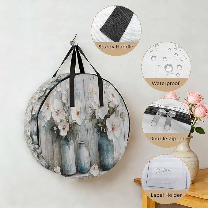 White Camellia Round Storage Bag 24 Inch, Spring Vintage Flower Oil Painting Style Wood Grain Clothes Storage Container with Handles Heavy Duty Organizer for Comforter, Bedding & Holiday Wreaths