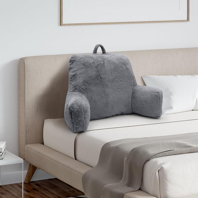 Reading Pillow, Back Support Pillow for Bed Sitting Up, Large Bed Rest Pillow with Arms for Adults,Back Support Pillow for Couch and Chair, Grey