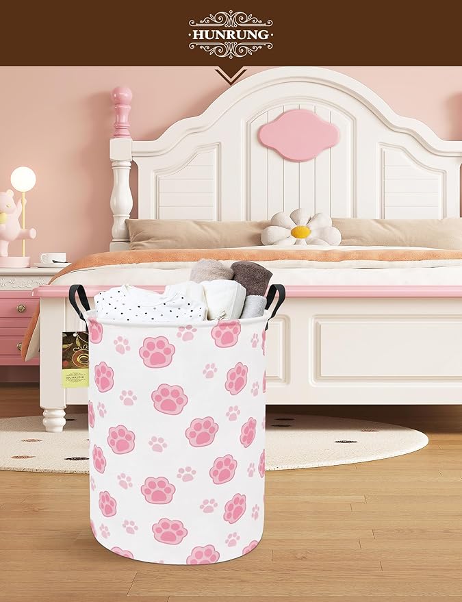 HUNRUNG Collapsible Fabric Storage Basket, Waterproof Laundry Hamper with Handles, Round Storage Bin for Clothes Toys, Foldable Organizer for Bedroom Nursery Bathroom(Round-Pink Paw)