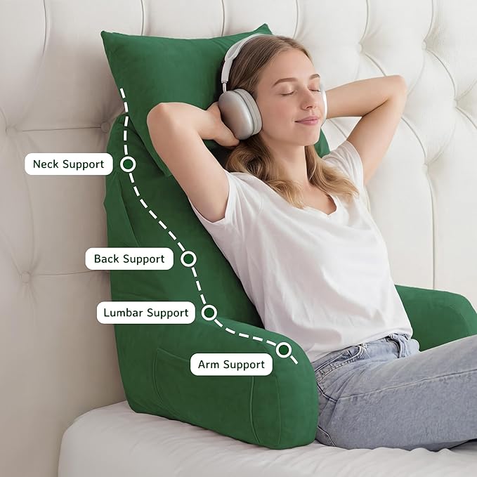Unisakey Portable Reading Pillows with Headrest for Bed Sitting Up(Green Oeko-Tex), Velvet Back Pillow with Arms & Pockets for Adults, Support Memory Foam Bed Pillow for Dorm/Reading/Watching/Gaming
