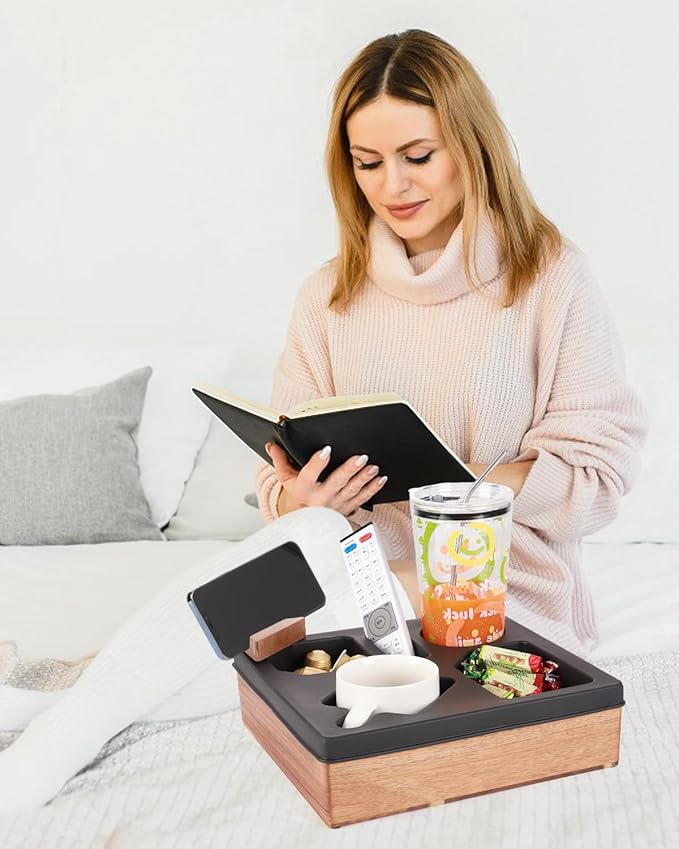 Couch Cup Holder Tray, Silicone Acacia Wooden Couch Caddy with Cup Holder for Snacks, Drinks, Remotes, Waterproof Cup Holder for Couch, Organizer, Movie Night Snack Trays, Easter Gifts