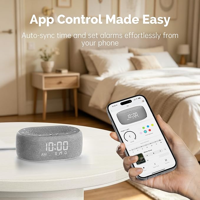 1Mii White Noise Sound Machine with Alarm Clock, Sound Machine for Sleep for Adults Baby, 30 Soothing Sounds, Smart App Controlled, Dimmable 7-Color Night Light, Sleeping Timer, 30 Volume Levels