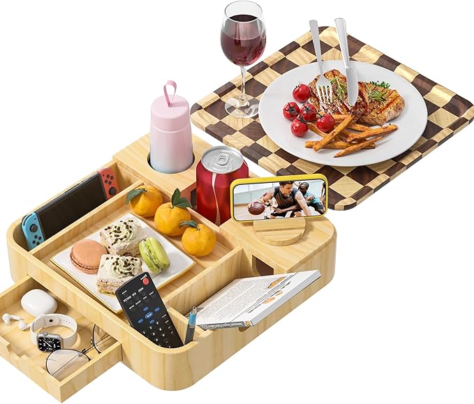 Couch Cup Holder, Checkered Couch Tray Cup Holder Sofa Tray, Large Capacity 2-Tier Wooden Trays with Drawer for Sofa, Bed, Picnic, Drinks, Remote, Cell Phone,TV Trays (Solid Pine Wood)12.5*12.5 in