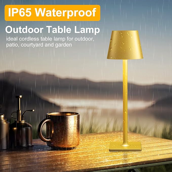 FenFud 2 Pack Gold Cordless Table Lamp - 6000mAh Battery Operated Touch Lamp with 3 Color Stepless Dimming, Waterproof & Wireless for Indoor & Outdoor Use, Perfect for Living Room Camping Café Patio