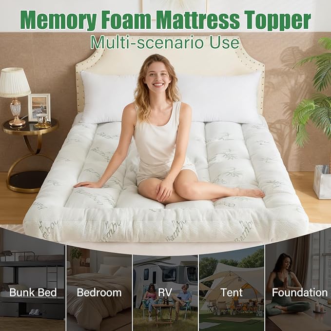 WhatsBedding 5 Inch Memory Foam Mattress Topper Twin Size, Viscose Made from Bamboo, Breathable Air Layer, Soft Thick Pillow Top Mattress Topper for Back Pain, 75x39x5in