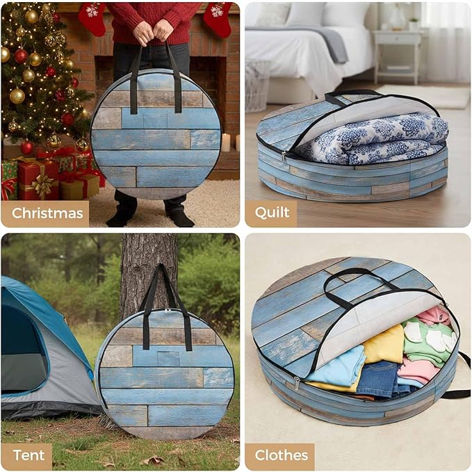 Storage Bag Blue Wood Grain Round Storage Totes Bins Closet Organizers with Zippers & Handle Brown Wooden Plank Clothes Storage Container for Bedroom Dorm Space Saving Packing Supplies Moving Bags
